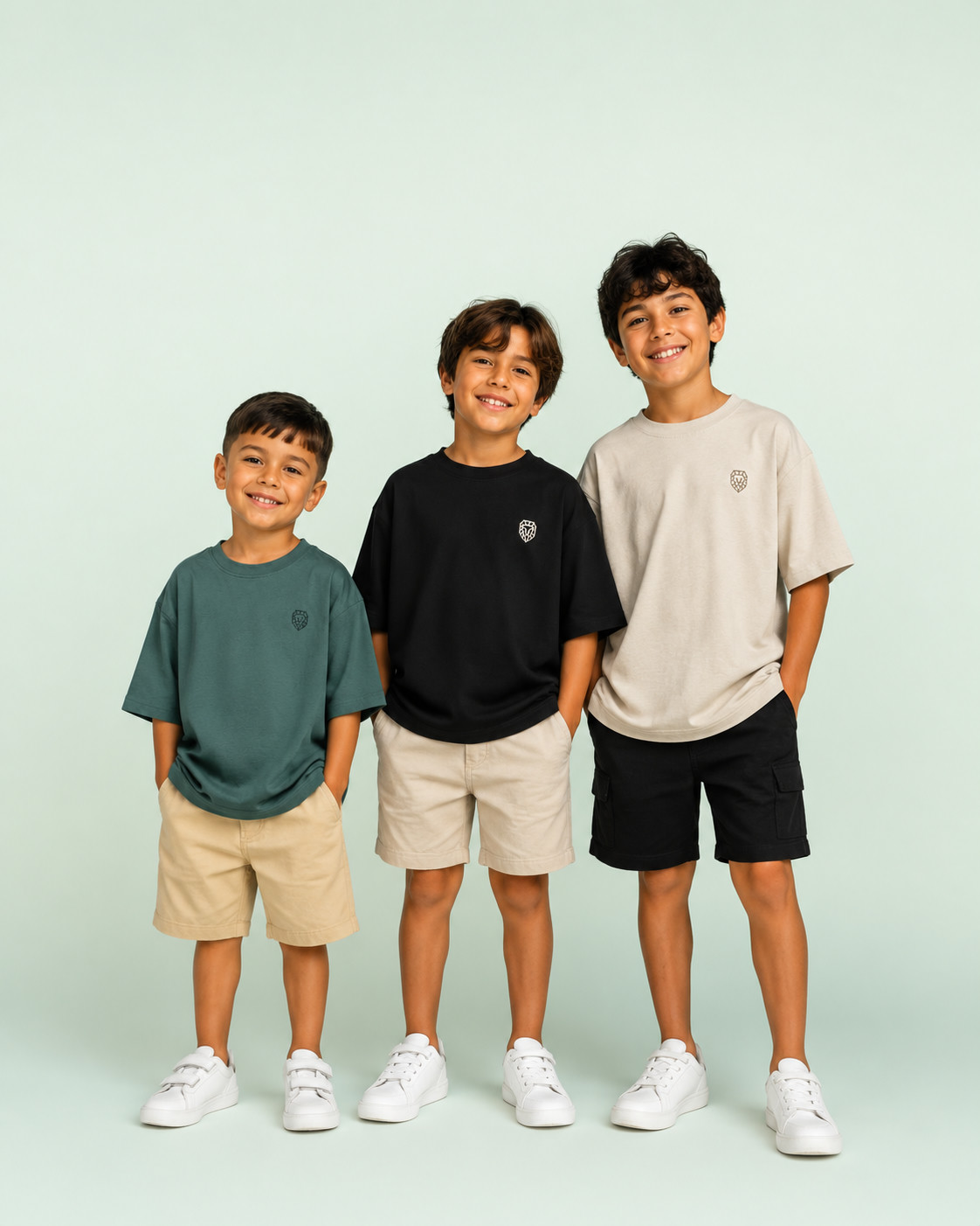 Tres niños usando camisetas oversize NAVI Kids en verde, negro y beige